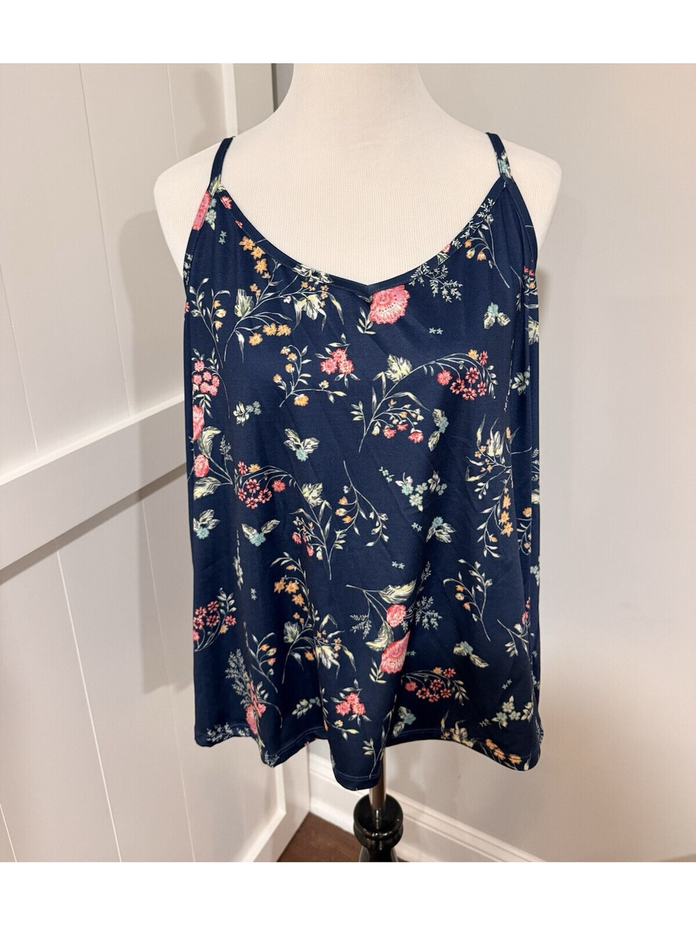Loralette Blue Floral Knit Scoop Neck Spaghetti Strap Cami Tank Top Women’s 2X